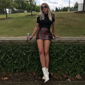 Black and red plaid patent mini skirt